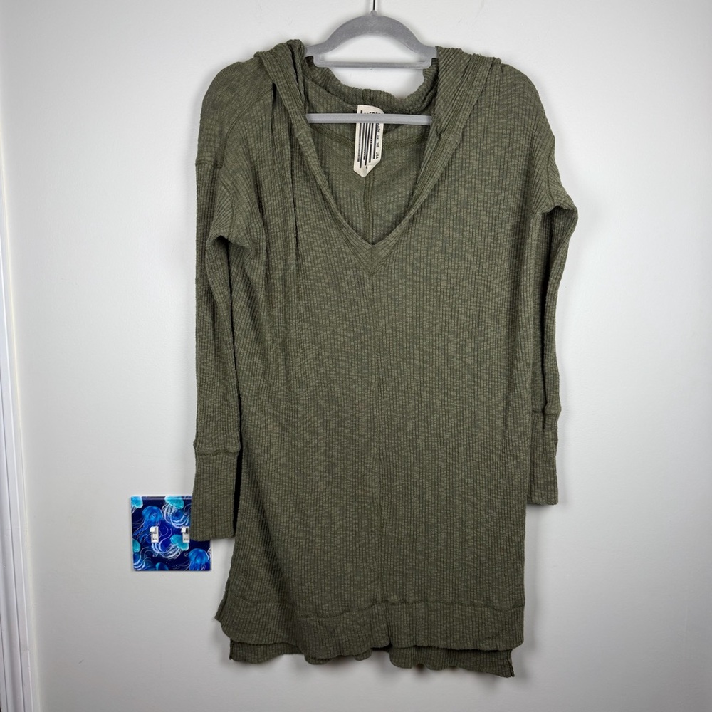 Free People OD Green Thermal Oversized Waffle Hooded Pullover Top Size Large